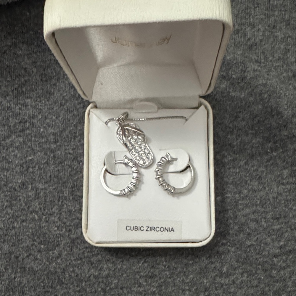 JCPenney Silver Cubic Zirconia 3 Piece Set. Hoop Earrings and Pendant Necklace.